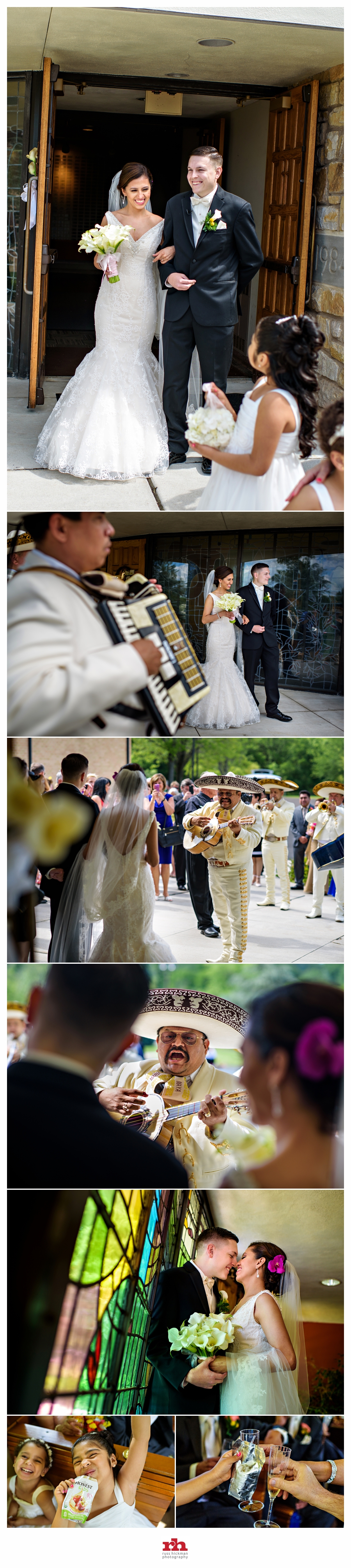 A Bride & Groom are Serenaded by a mariachi band outside the church at Pearl S Buck Estate Wedding.